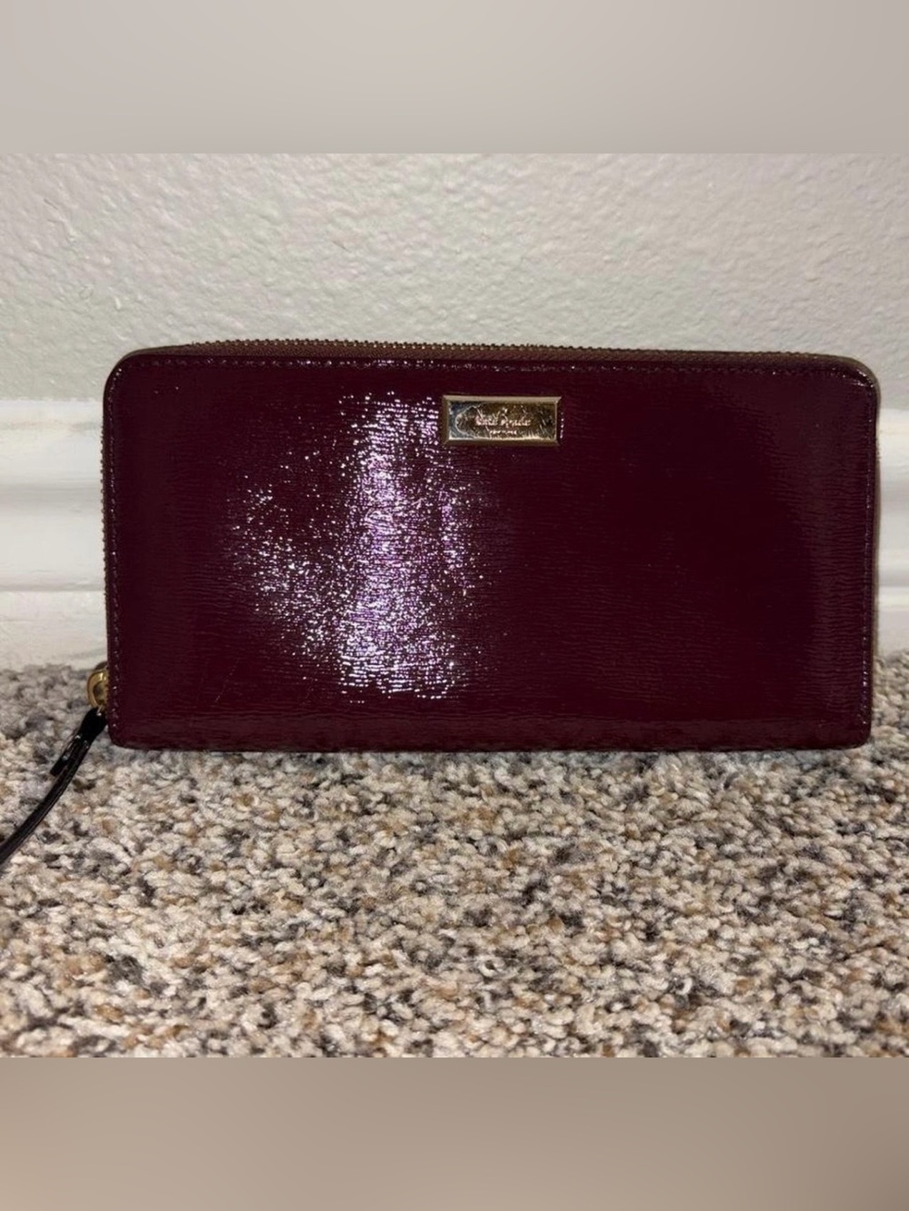 kate spade Burgundy Patent Zip-Around Wallet with Gold Plaque